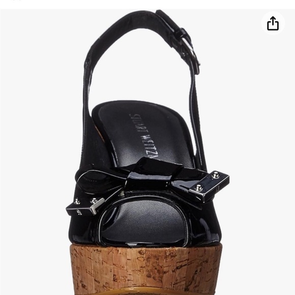 STUART WEITZMAN Black Bodajean Bow Patent Leather Wedge Sandals - Picture 3 of 10